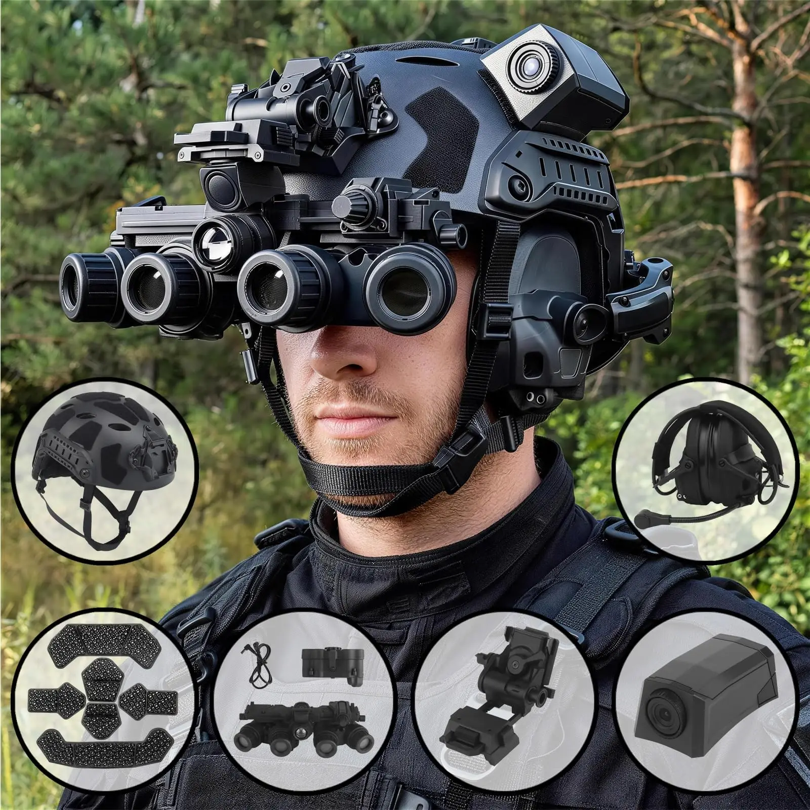 YCTAC FAST PJ Style Tactical Helmet Set with Communication Headset NVG Mount Camera model for Adjustable Airsoft Cosplay Wargame