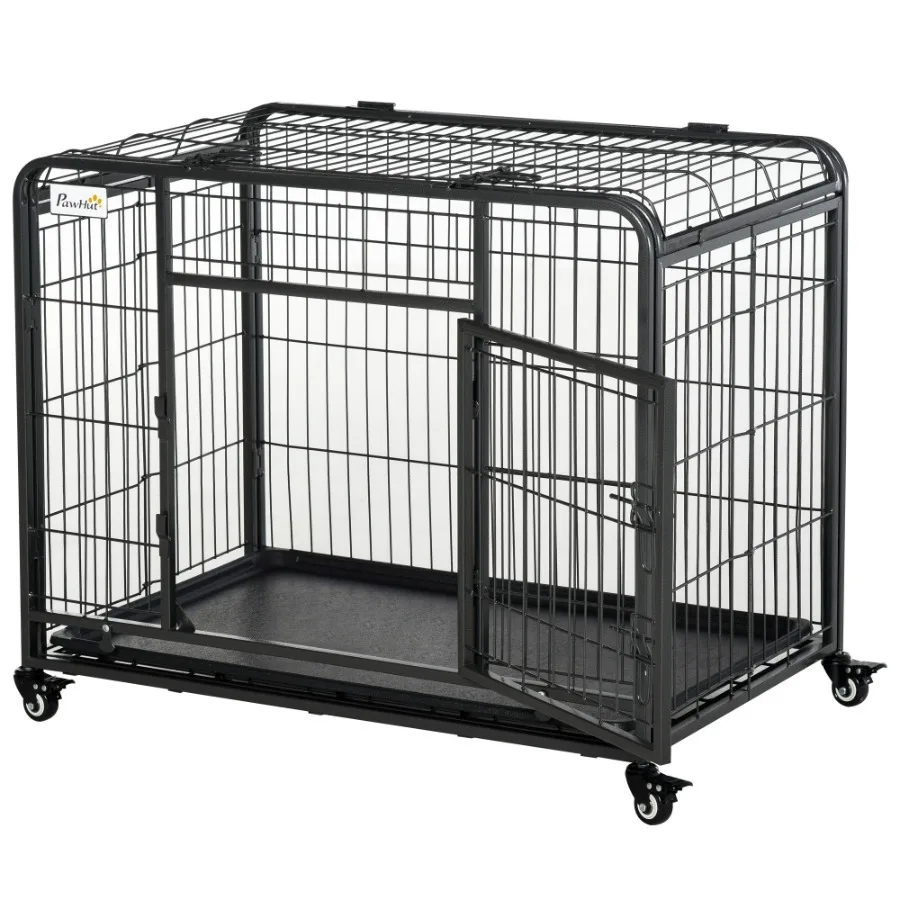 

PawHut Folding Design Heavy Duty Metal Dog Cage Crate Kennel with Removable Tray and Cover 4 Locking Wheels Indoor Outdoor 37