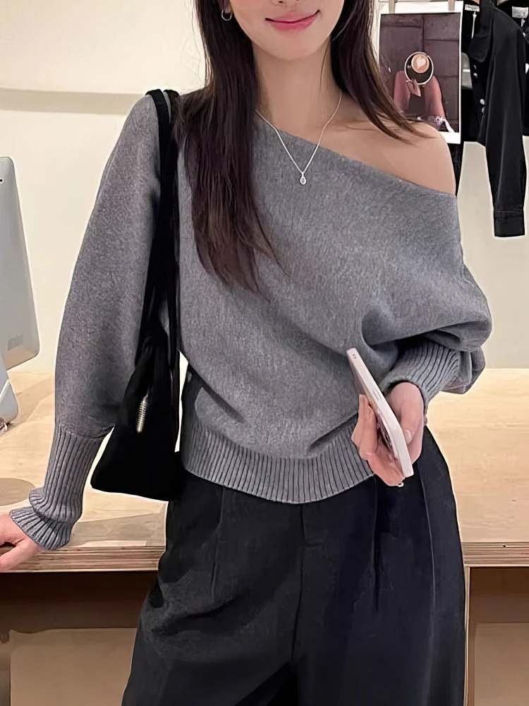 

Off Shoulder Sweater Women Batwing Sleeve Knitted Pullover Plain Jumper Casual Fall Winter Knitwear suéteres bonitos para mujer