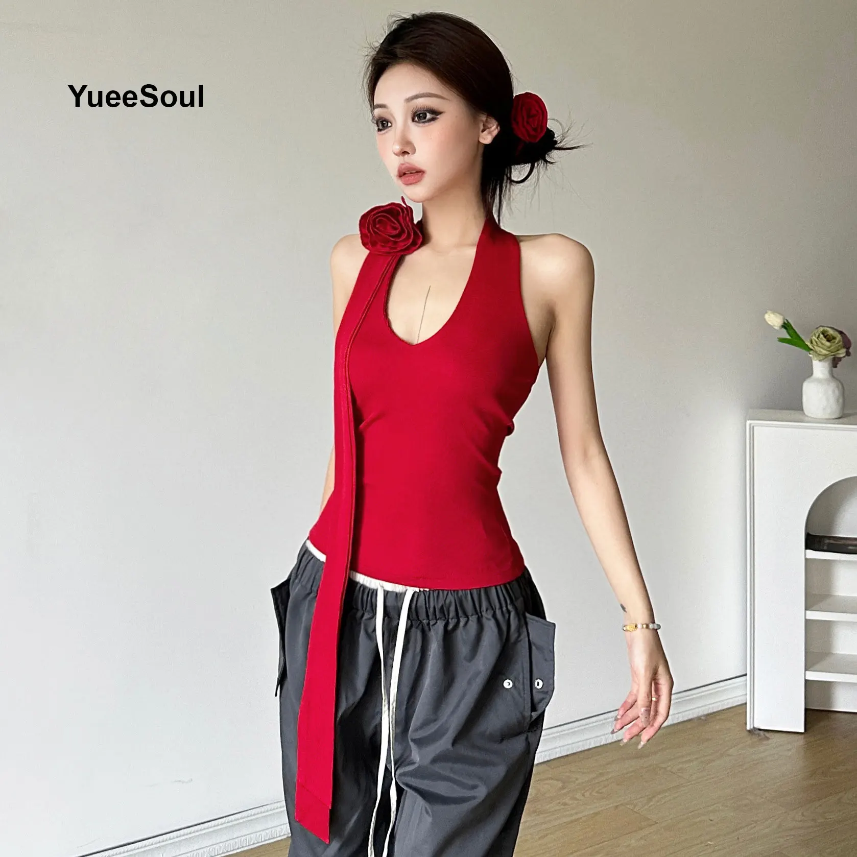 Red Crop Tops Printed Sleeveless Spaghetti Strap Slim Tank Top 2024 Y2K Aesthetic Sweet Cute High Street Sexy Women Camis