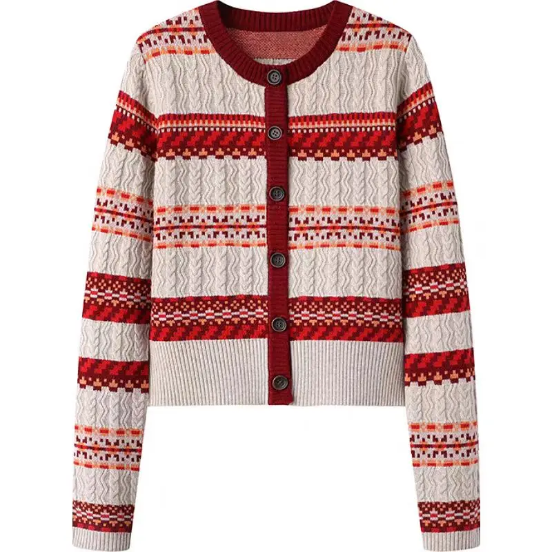 Fenggejiwo Christmas Red Merino Sheep Wool Fair Island Shoulder Knitted Cardigan Women's Casual Fashion Round Neck Knitted Sweat