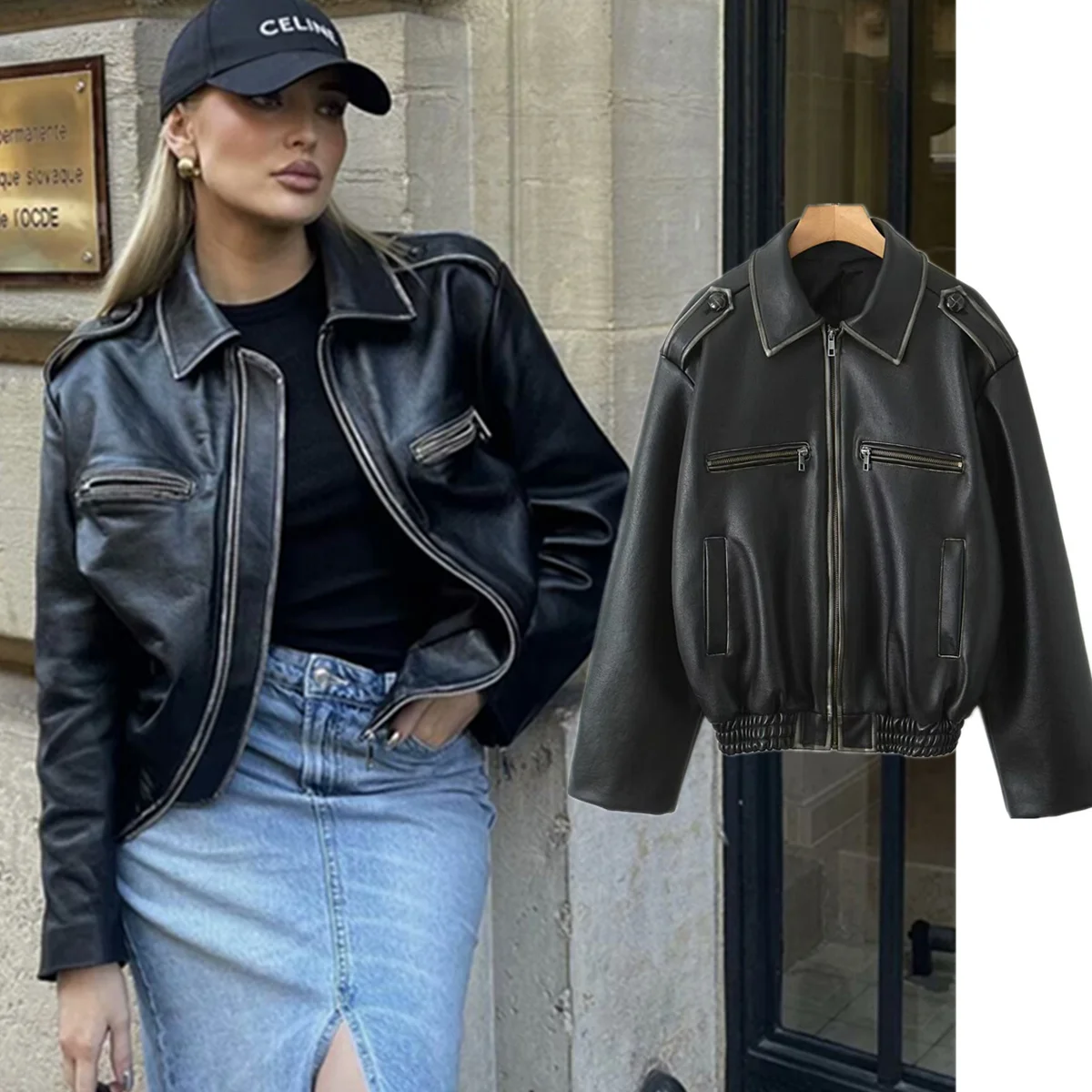 Maxdutti Jaket Kulit Vintage Minimalis Prancis untuk Wanita Musim Gugur Musim Dingin Jaket Kulit Model Boyfriend Wanita