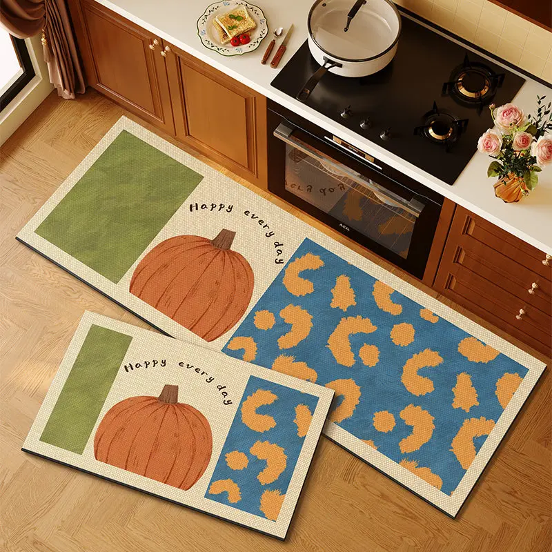 VIKAMA 1/2pcs Sweet Pumpkin Pattern Doormat Water-Absorbing Machine-Washable Entrance Hall and Kitchen Rug Set for Home Decor