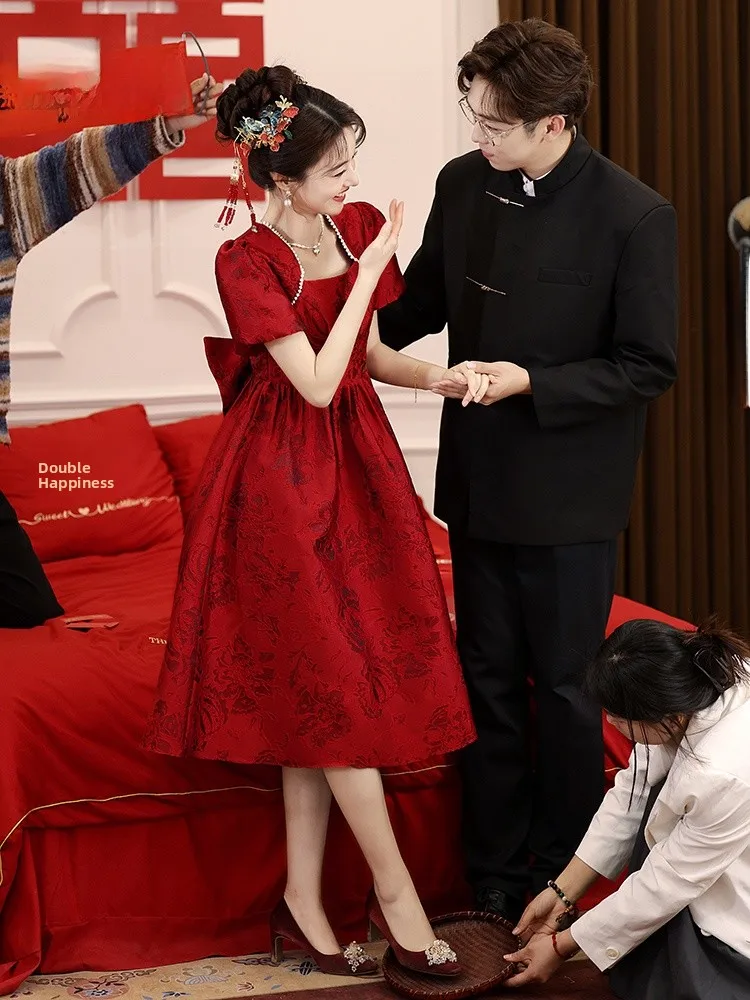 

Red Wedding Dr for Brides Pregnant Women Princ Engagement Ceremony Long Dr A-Line Skirt Pearl Embellied High Waist