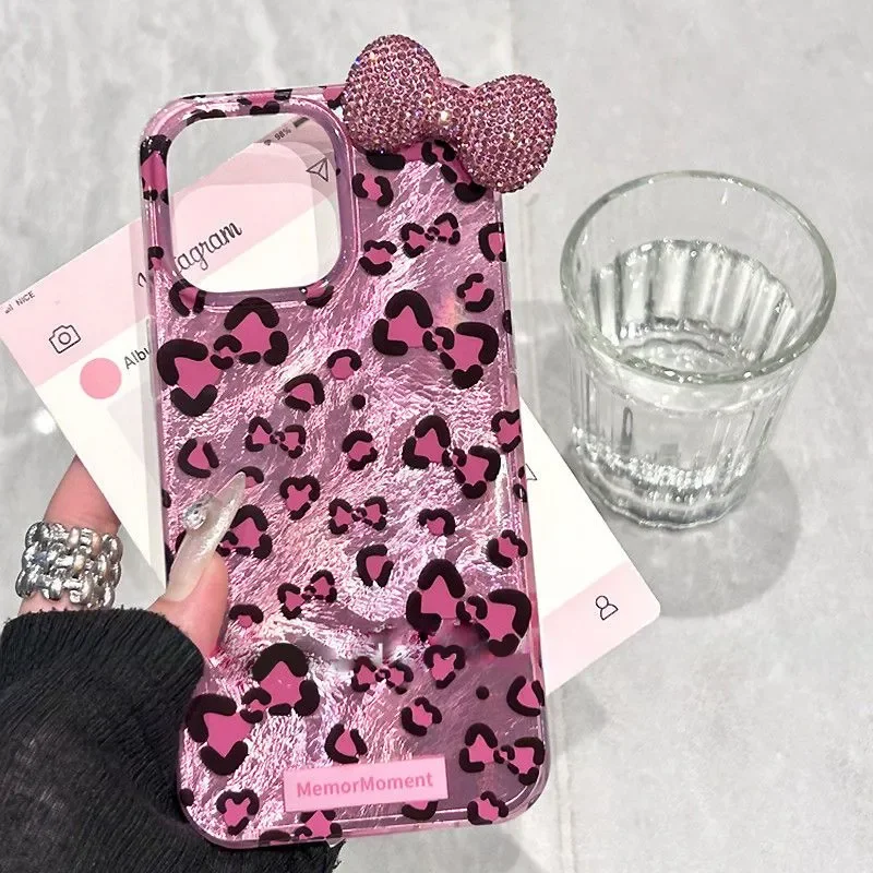 Leopard Print Hello Kitty Mirror Bow Strap Phone Case For iPhone 16 15 14 13 12 11 Pro Max XR XS MAX 7 8 Plus MINI Y2K Cover