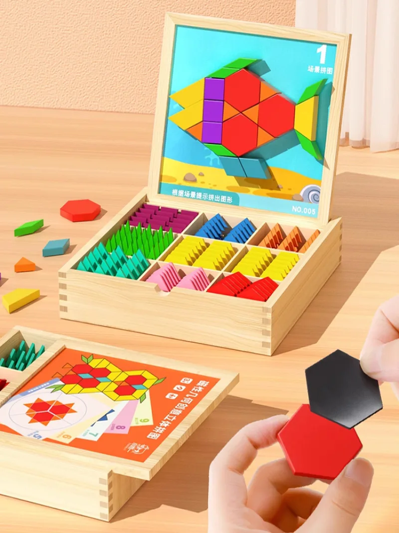 128pcs Magnetic Puzzle Tangram Geometric Building Blocks Baby Kindergarten Educational Puzzle Toy for 3-6Year Old Boys and Girls