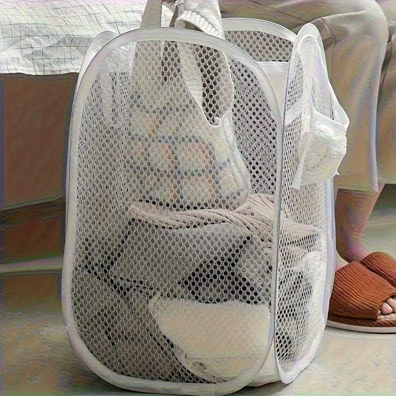 Schlankes Design, extra großer Pop-Up-Wäschekorb aus Netzstoff mit Griffen – leichter Wäschesammler für Badezimmer, Schlafzimmer & Wohnheim-Aufbewahrung