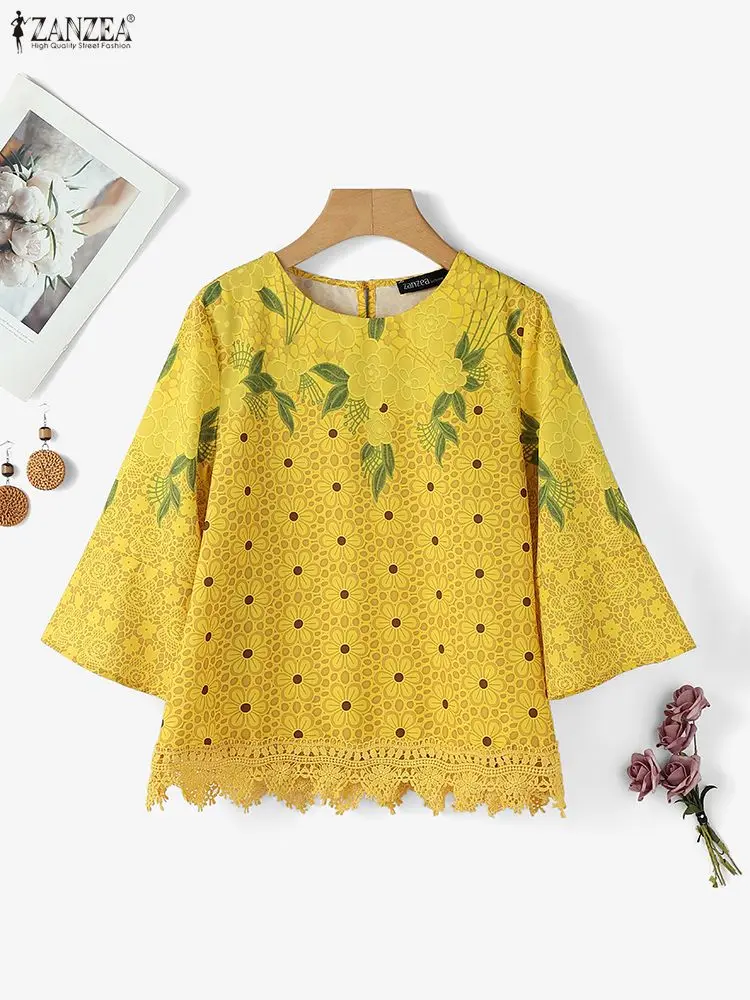 ZANZEA mode Vintage femmes Blouses 3/4 manches imprimé fleuri hauts 2025 automne col rond HolidayShirts décontracté femme Blusas vêtements