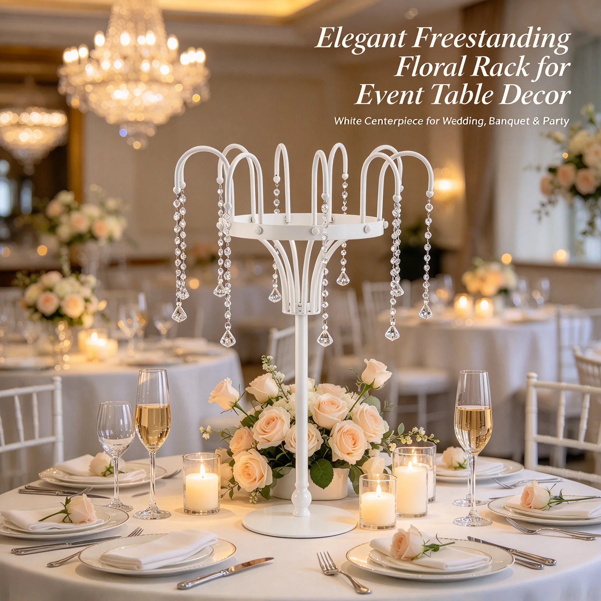 White Wedding Flower Stand 31.88in Glass Iron Centerpiece with 10 Crystal-Style Pendants, Freestanding Floral Display Rack for Wedding Party Home Decor