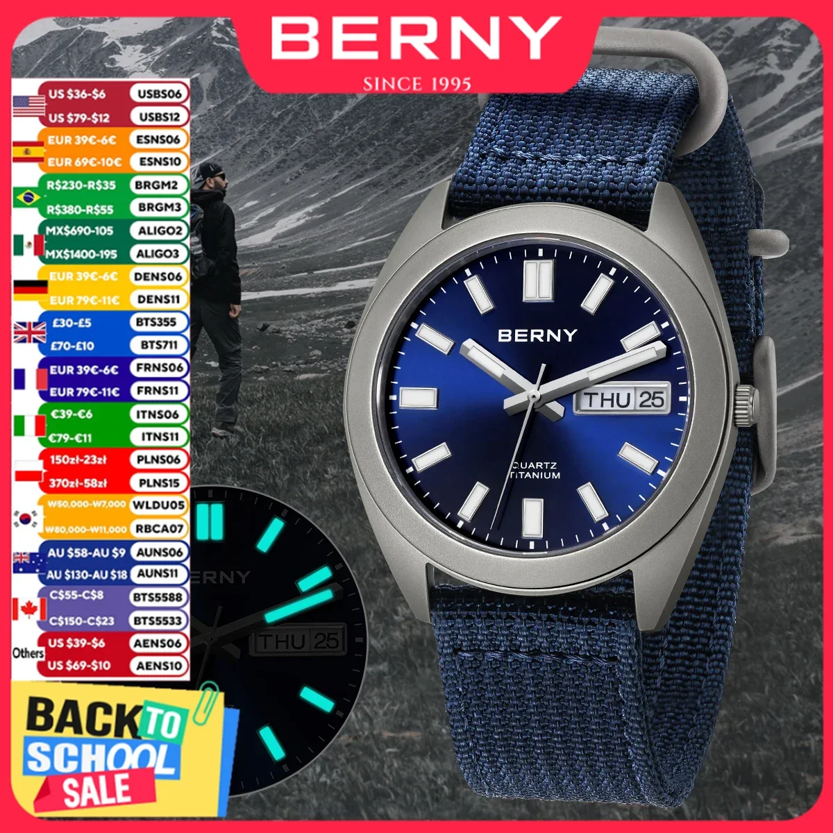 BERNY Titan Herrenuhr Supper Luminous Sport Field Quarz Armbanduhr Super Luminous Sapphire 100m Wasserdicht SNXS75 Uhren