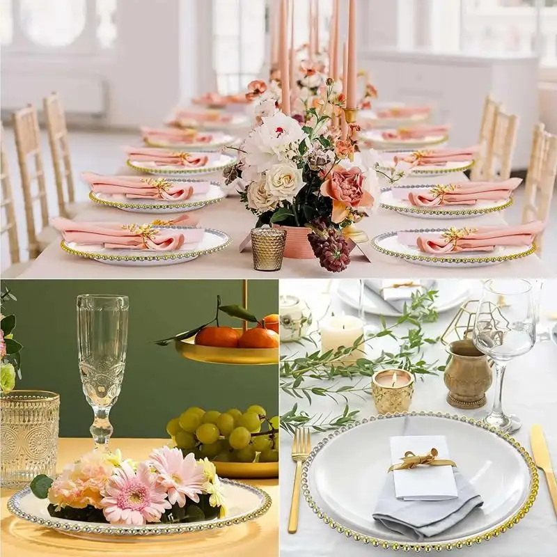50Pcs Clear Charger Plates 13 Inch Plastic Round Dinner Plates Beaded Rim Dinner Table Decorative Plates Wedding Party Decor