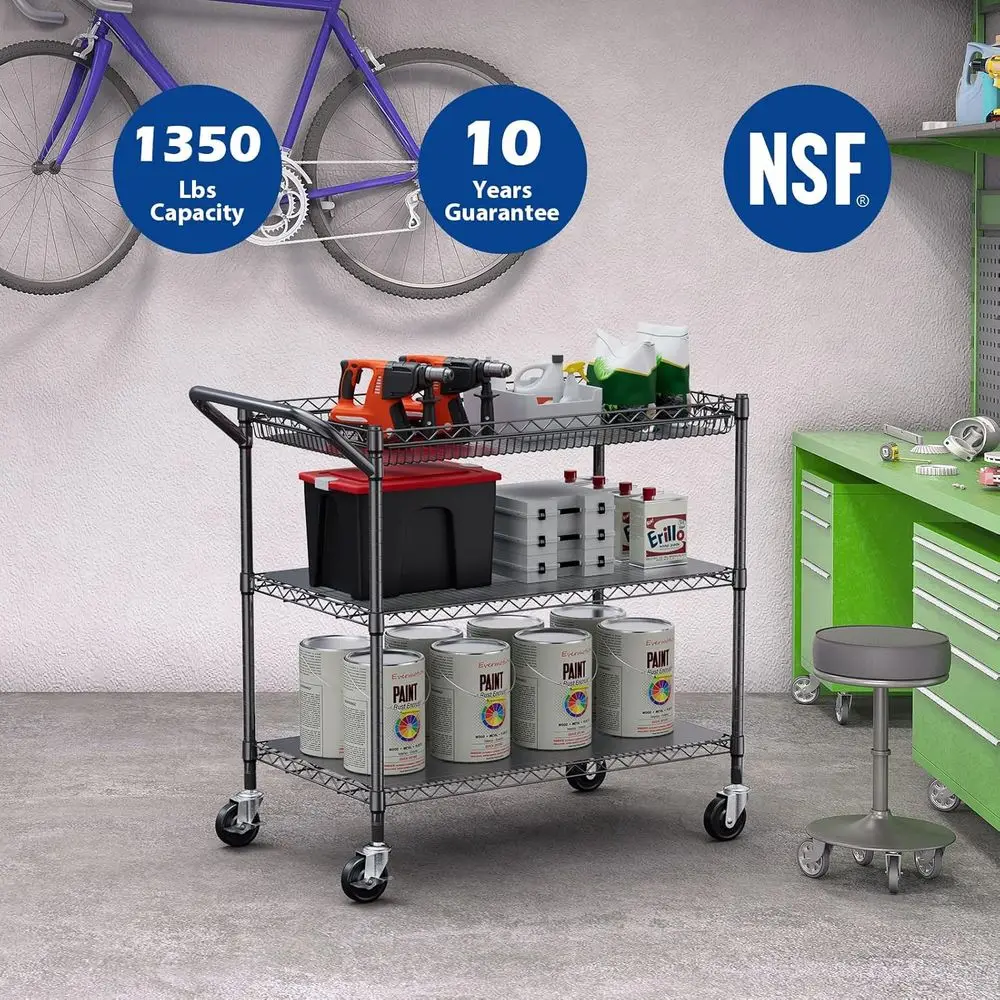 عربة أدوات شديدة التحمل مكونة من 3 طبقات بسعة 1350 رطلاً، 24 × 45 × 39، عربة معدنية معتمدة من NSF للمرآب والمطبخ والمستودعات