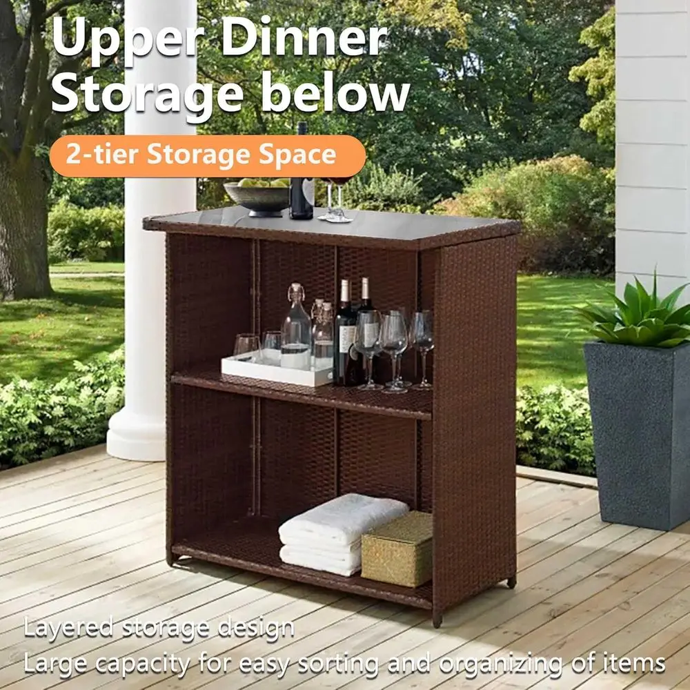 3-Piece Patio Wicker Bistro Set with Glass Top, Storage Shelves, and 2 Stools for Outdoor/Indoor Use, Khaki
