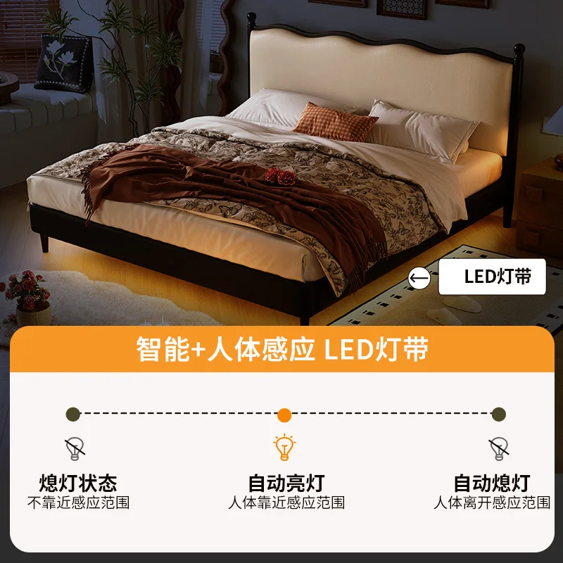 Tongyu spécial chambre principale noir 1.8m lit double petit appartement vague sac souple lit en cuir américain rétro bois massif cuir