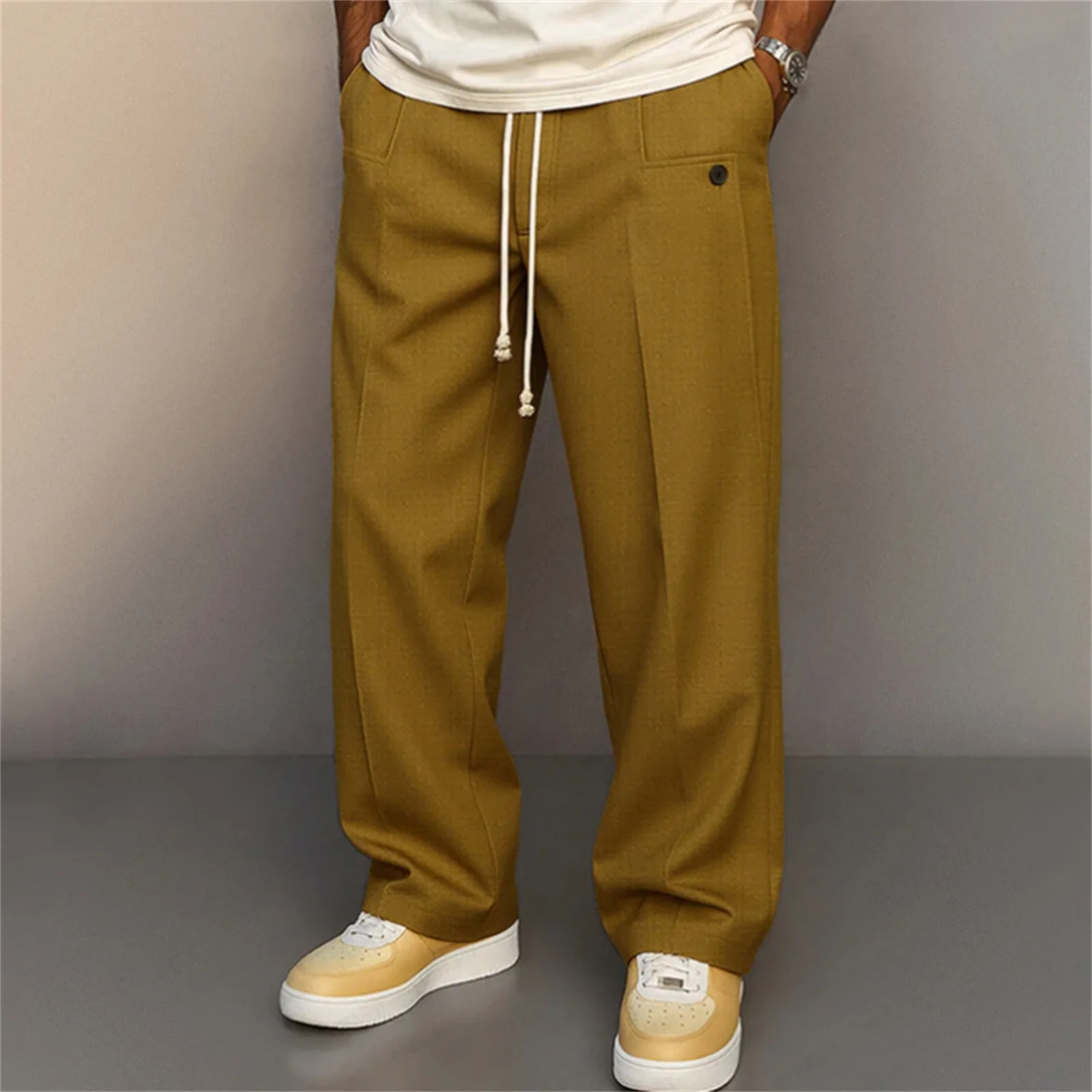 

2026 Spring New Men's Drawstring Pants with Pockets Male Stylish Solid Color Casual Pants Mid Rise Straight Leg Trousers