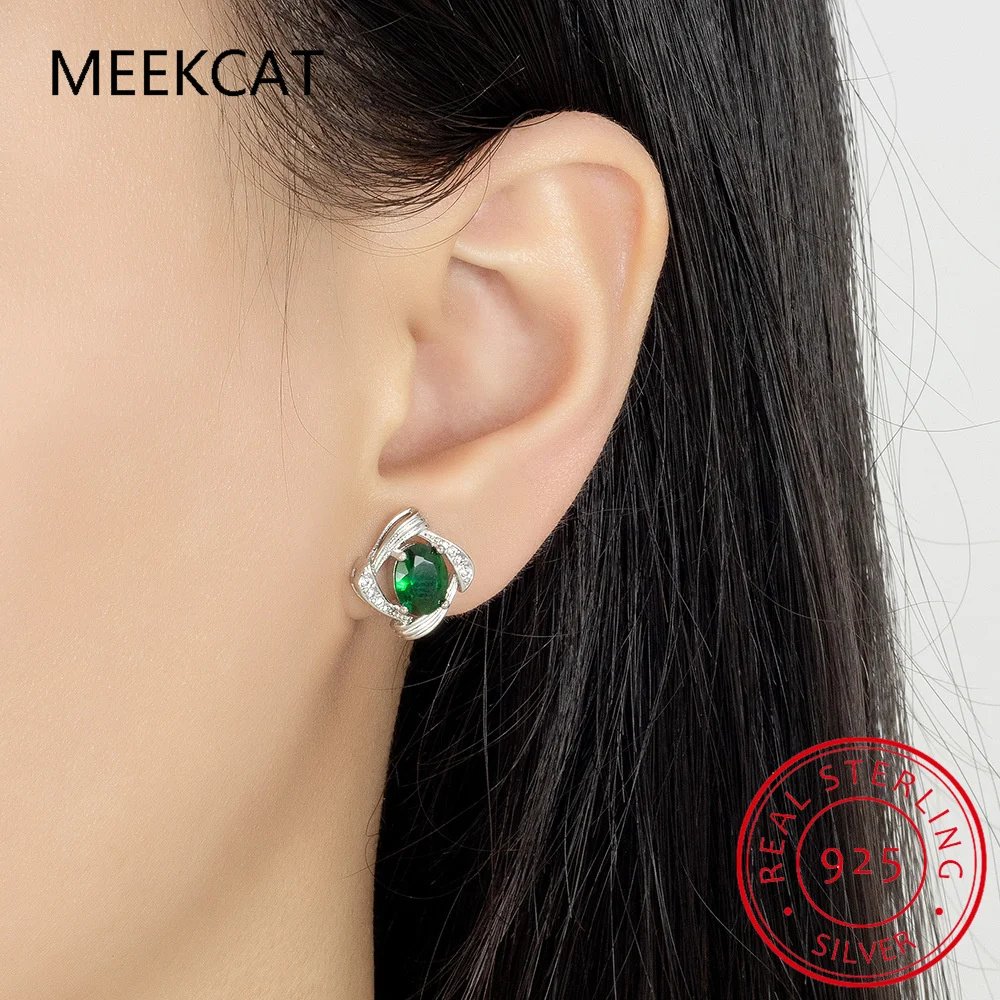 Oval Green Simulated Nano Emerald Blue Topaz 925 Sterling Silver Geometric Stud Earrings for Women Gemstone Statement Jewelry