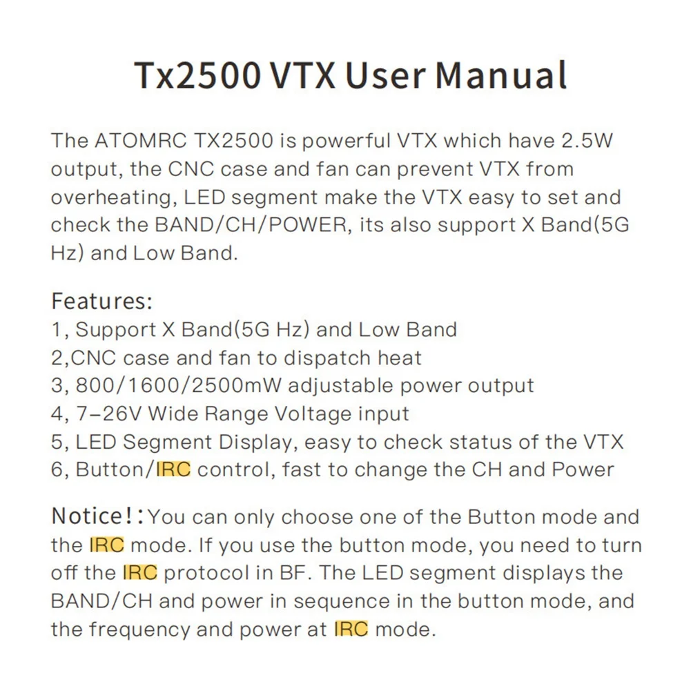 

L72A-ATOMRC TX2500 4.9G-5.8G 2.5W VTX FPV Videotransmitter 800/1600/2500Mw Supports X/Low Band For RC FPV Drone