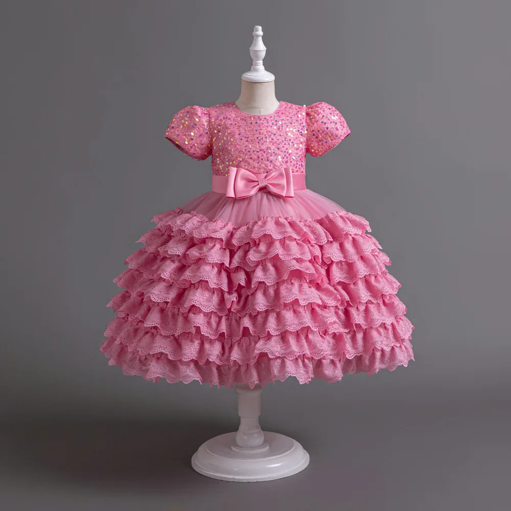 

Kid Short Sleeved Princess Style Sequin Covered Bodice Girl Dress Bow Detailed Waist Tiered Ruffled Lace Skirt Children Gown