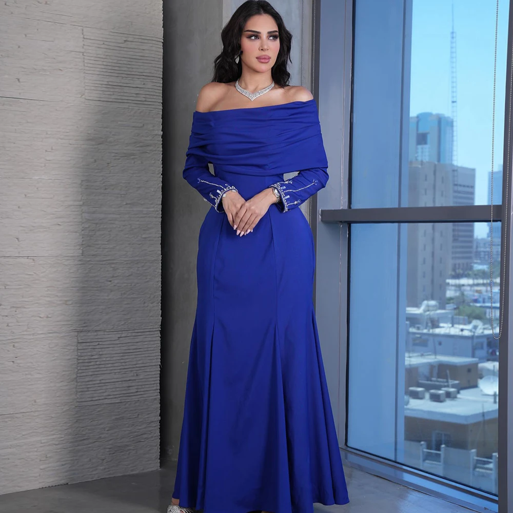 Vestido de noche árabe con cuello Barco, manga larga, cuentas, piedras, sirena, largo hasta el suelo, Azul Real, vestido de fiesta Saud