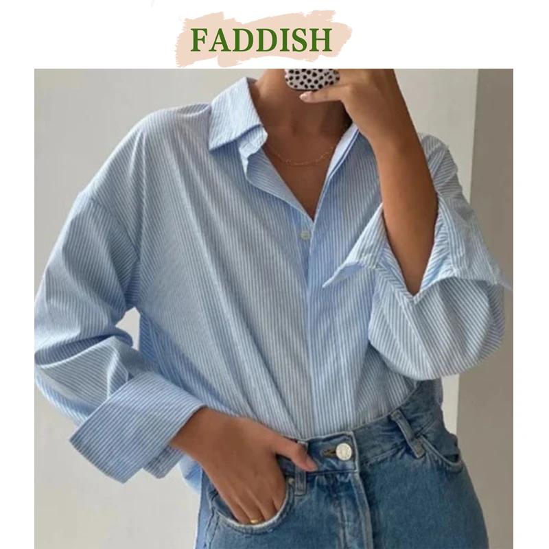 FADDISH 2024 Women Fashion Loose Striped Button Shirt Ladies Casual Long Sleeve Simplicity Cotton Blouses Tops Female