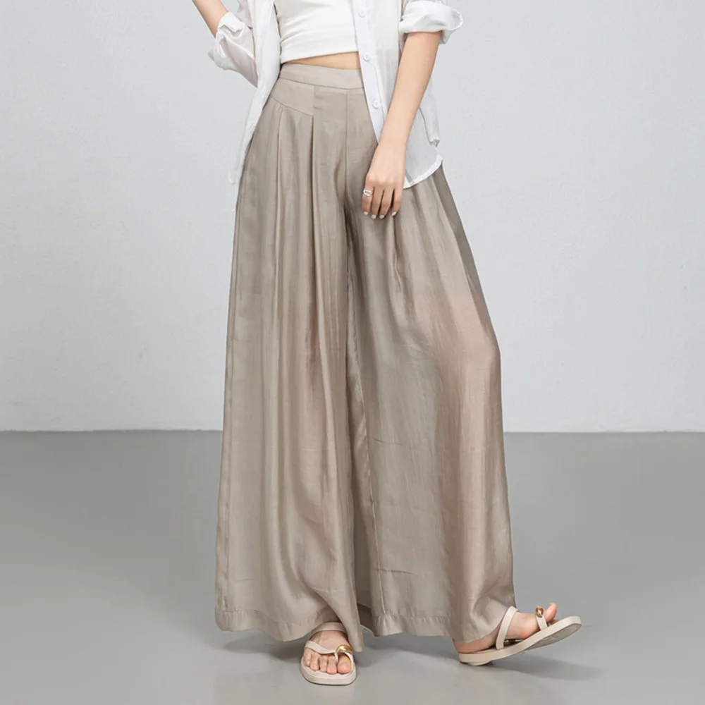 Acetate lyocell wide leg pants women 2026 new summer thin breathable fashion linen baggy trousers skirt fashion elastic waist