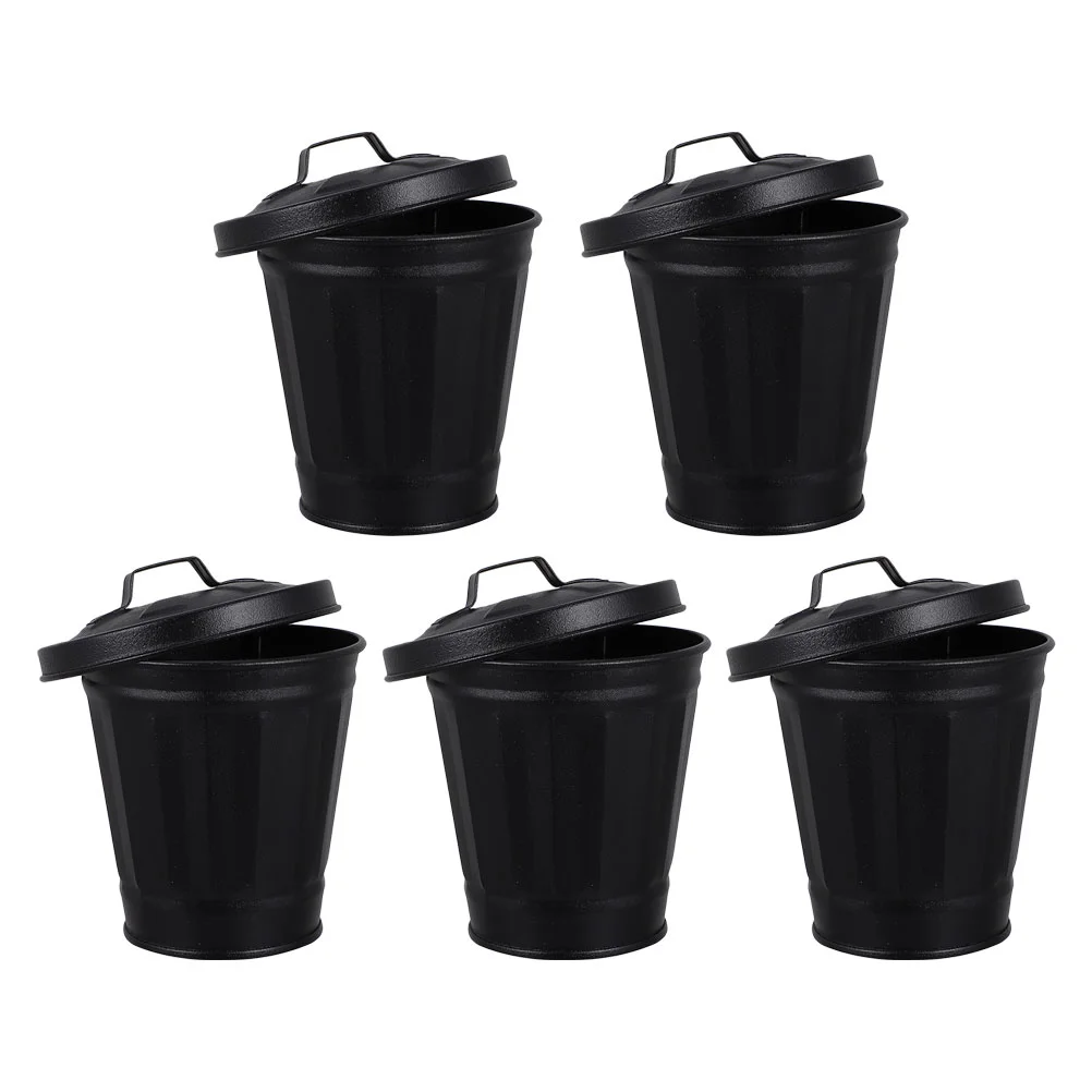 

5 Pcs Flowerpot Tiny Trash Bin Garbage Container Iron Cans Metal Outdoor Tabletop Galvanized Lidded Office