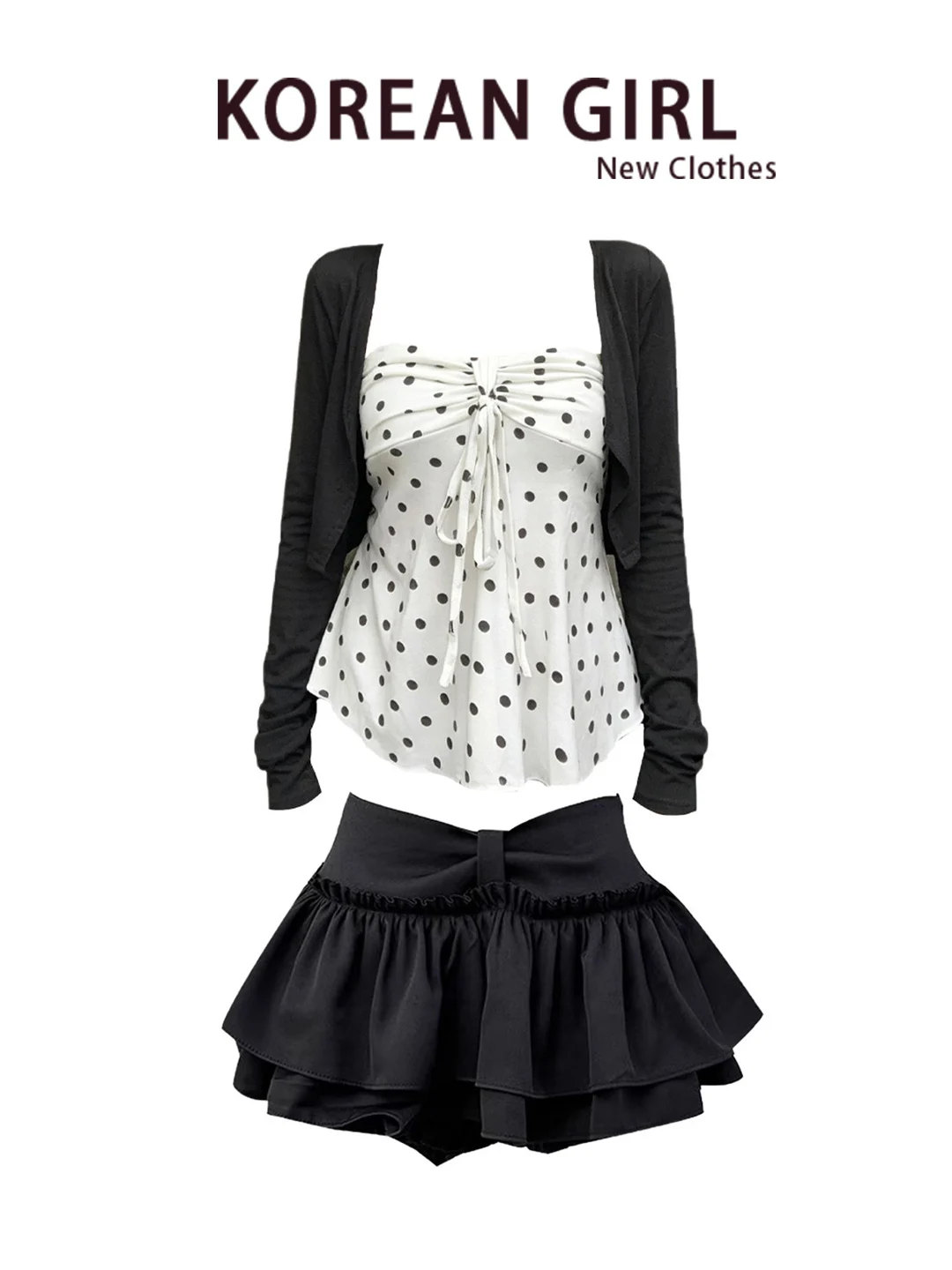 Hot Girl White Polka Dot Strap Vest Women's Inner Early Autumn Small Size Long Sleeve Open Cardigan Top Two Piece Set Casual ...