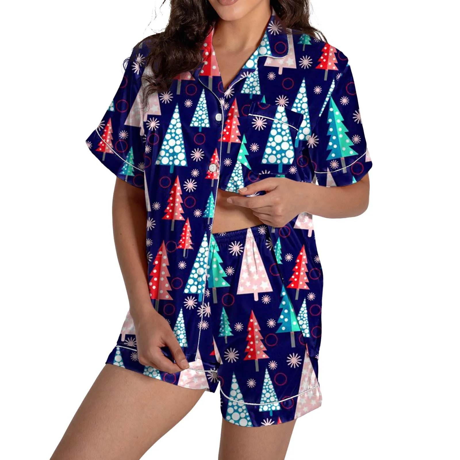 2 PCS Women Pajamas Sleepwear Pajama Set Christmas Bell Print Short-Sleeved Shorts Suit Ventilate Casual Homewear Silk Satin Set