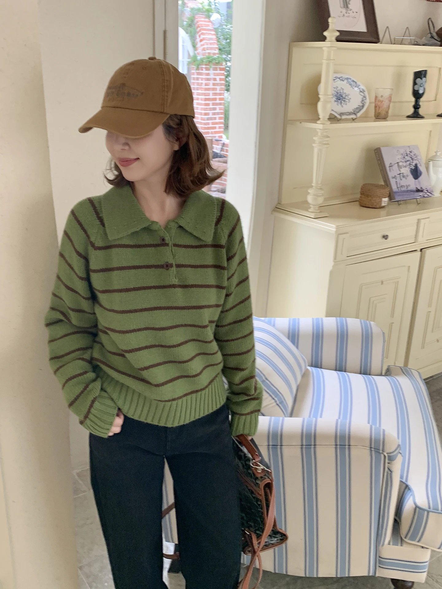 

ELINSU Корейский вязаный свитер с длинными рукавами для женщин, свободный крой, в полоску, с воротником, осенне-зимний, теплый, термо.