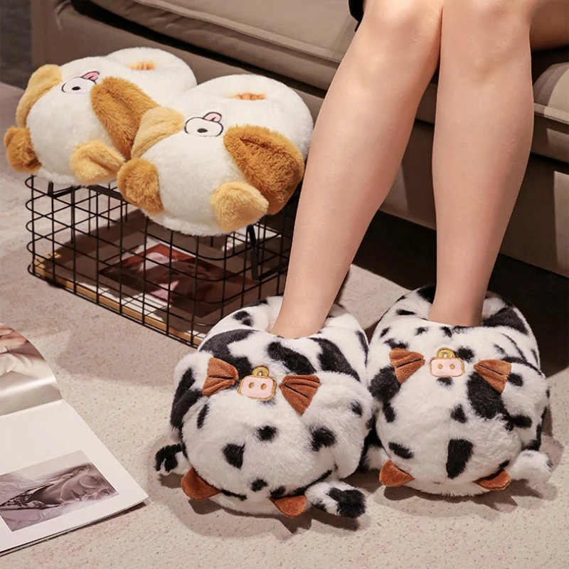Women Home Floor Fluffy Slippers Winter Warm Shoes Cute Cartoon Animals Soft Faux Fur Couples Indoor House Bedroom Cotton Shoes