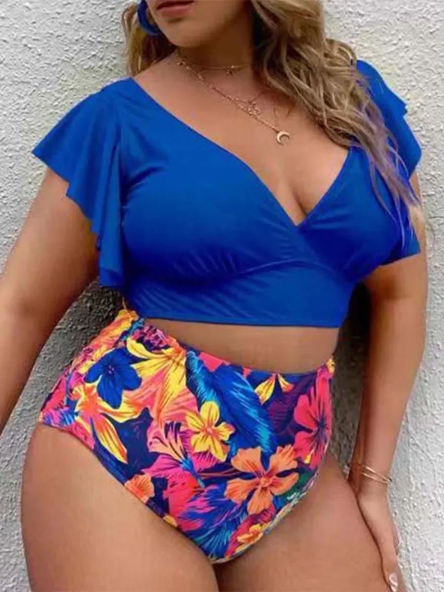 2024 New Large Bikini Set Plus Size Swimsuit Women Sexy Big Size Swimwear Retro Vintage Bathing Suit Mujer Push Up Biquini  Blue