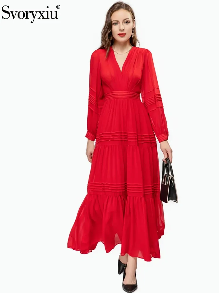 

Svoryxiu High Quality Spring Summer Designer Vintage Red Color Ruffles Ankle-Length Dress Women's Sexy V-neck High Waist Dress