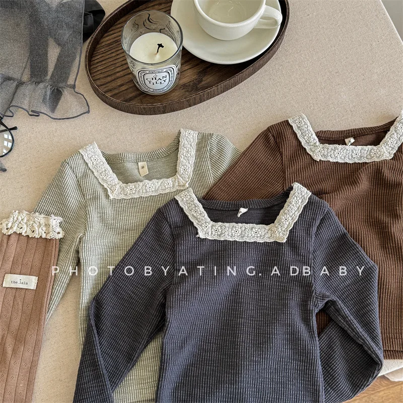

2025 Autumn New Children Long Sleeve Casual T Shirts Solid Girls Lace Collar Bottoming Shirts Cotton Baby Tops Kids Clothes