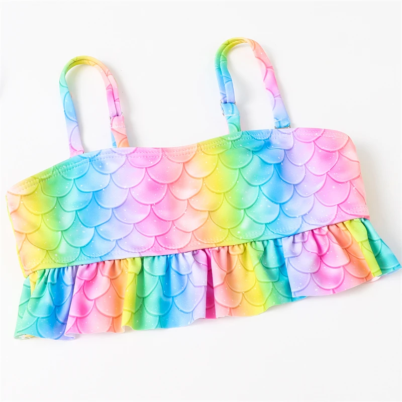 2024 Rainbow Mother Daughter Matching Swimsuits Family Set Mermaid Mommy and Me Swimwear 3pcs Women Girls Bikini Dresses Clothes