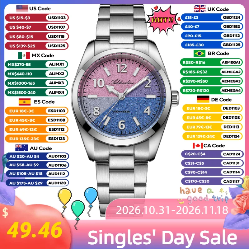 ADDIESDIVE AD2555 Watches for Woman BGW9 Super Luminous Sapphire Glass Women Quartz Watch Stainless Steel Waterproof Wristwatch