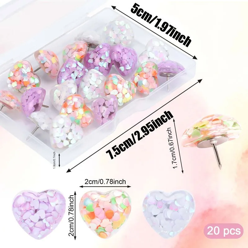 20PCS/set Heart Style Sequin Thumb Tacks Glitter Push Pins for Cork Board Message Board Decorative Map Pins for Bulletin Board