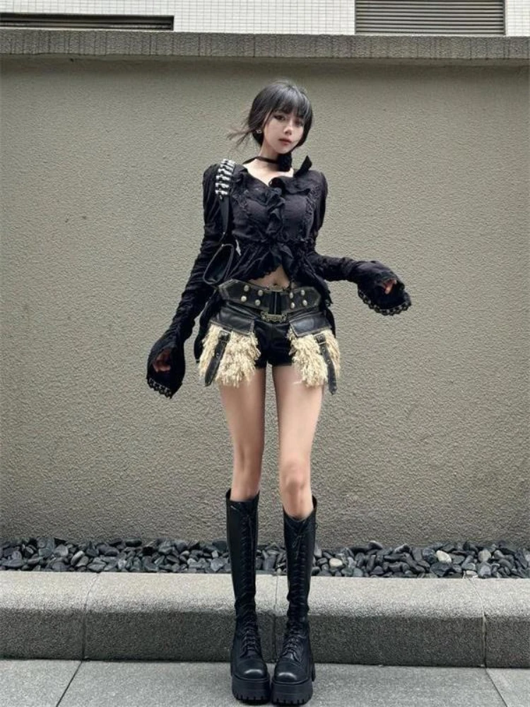 

Французская элегантная сексуальная тонкая осенняя женская рубашка с v-образным вырезом и длинным рукавом в японском стиле Harajuku Vintage Y2k Блузки 2000-х годов Subculture Tops