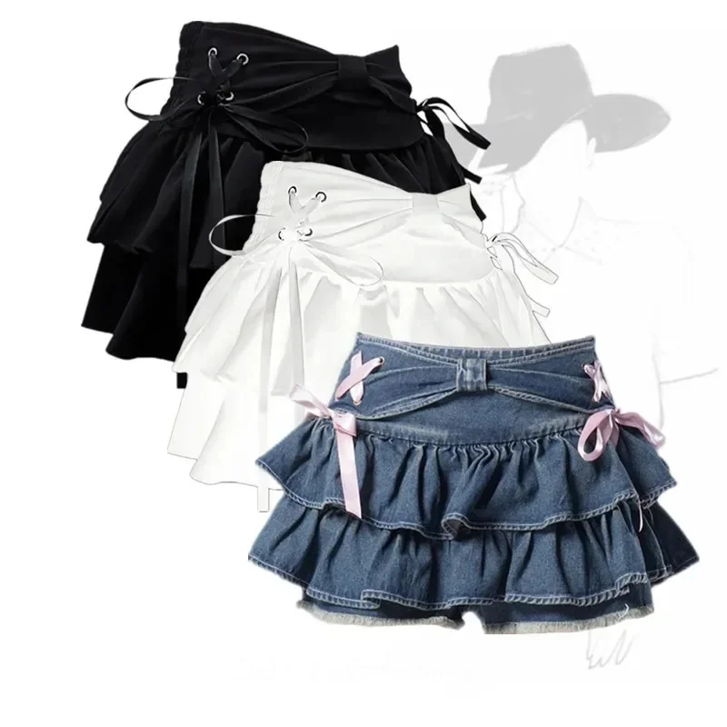 

Blue Denim Pleated Skirt Bow Fold Design Women's A-line Short Skirt Built in Shorts American Spicy Girl Korean Fashion Hotsweet