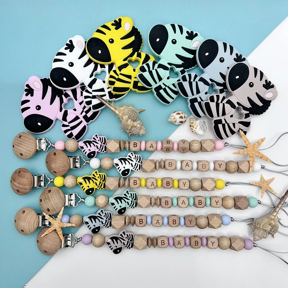 Personalized English Wooden Letters Name Baby Silicone Zebra Pendant Pacifier Clips Chains Holder Teether Baby Kawaii Toy Gifts