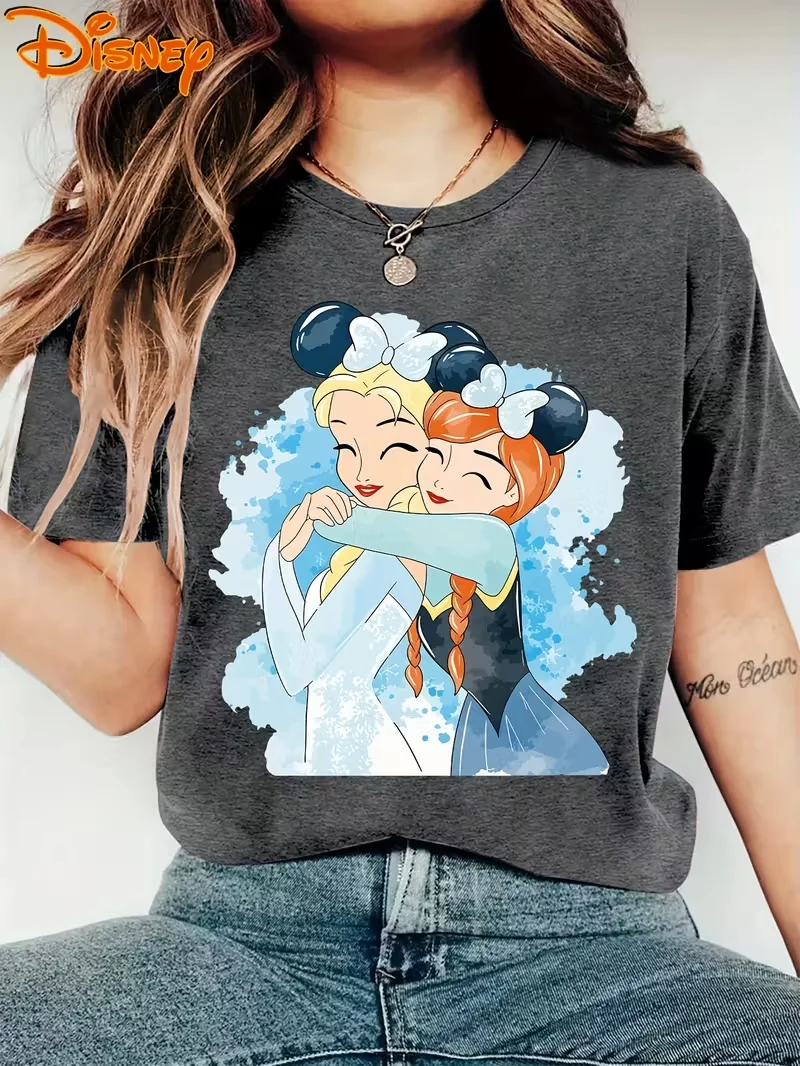 

Fashion Women's Disney Princess T Shirt Men Cotton Tee O-Neck Casual Oversize Short Sleeve Streetwear Top Loose Dark Grey Trendy