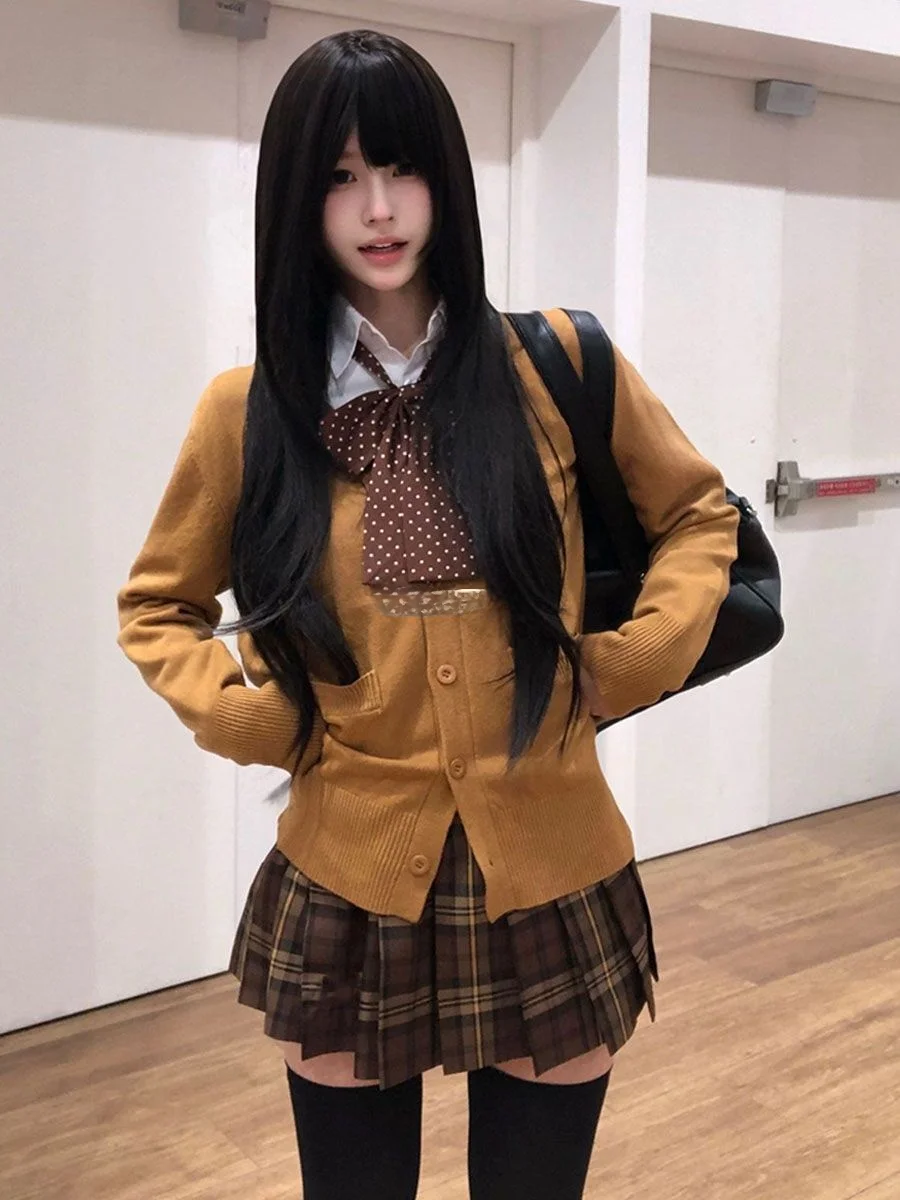 

Японский комплект: кардиган-свитер с V-образным вырезом и юбка, вязаная верхняя одежда в студенческом стиле, осенне-зимний модный ансамбль