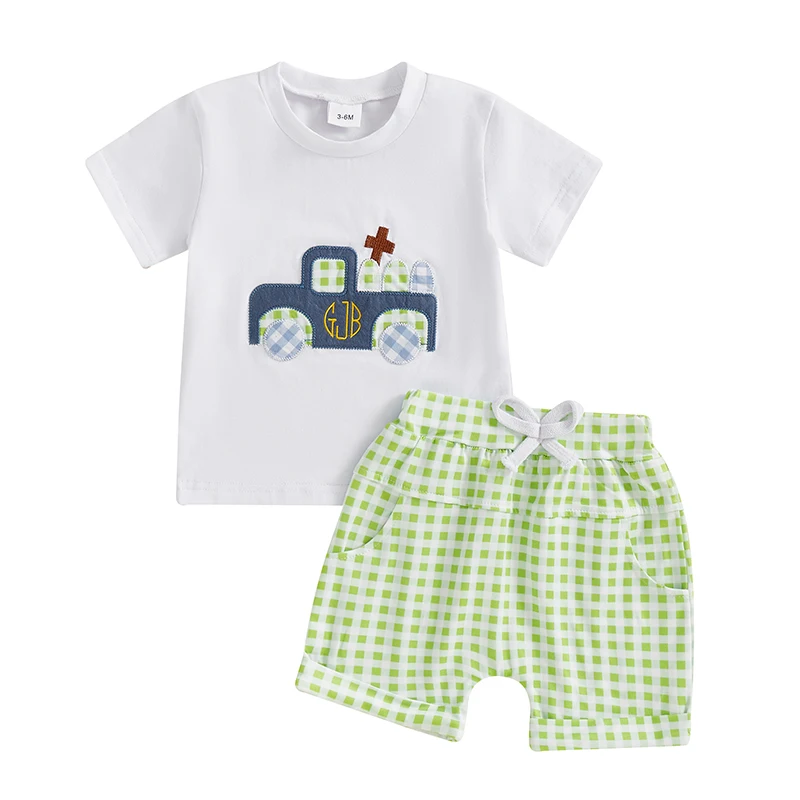 Toddler Baby Boys Easter Outfits Embroidery Crew Neck Short Sleeve T-Shirt with Shorts 2 Pcs Set Perfect for Summer