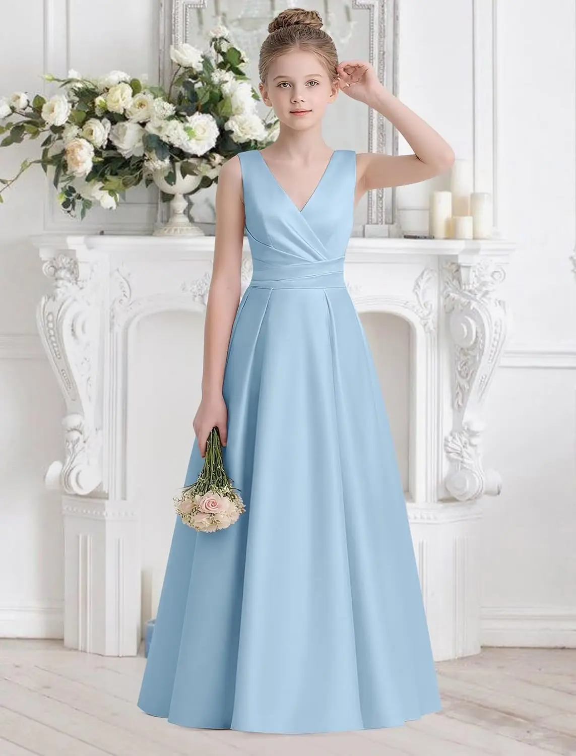 Een lijn satijnen bloemenmeisjesjurken met strik rugloze junior bruidsmeisje prinses baljurk eerste communiejurk