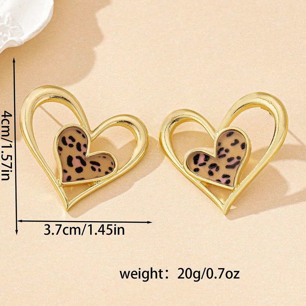 Personalized and Fashionable Heart Leopard Print Earrings! Double-Layered Heart-Shaped Stacking Design, Metal Frame Collision Leopard Print Elements