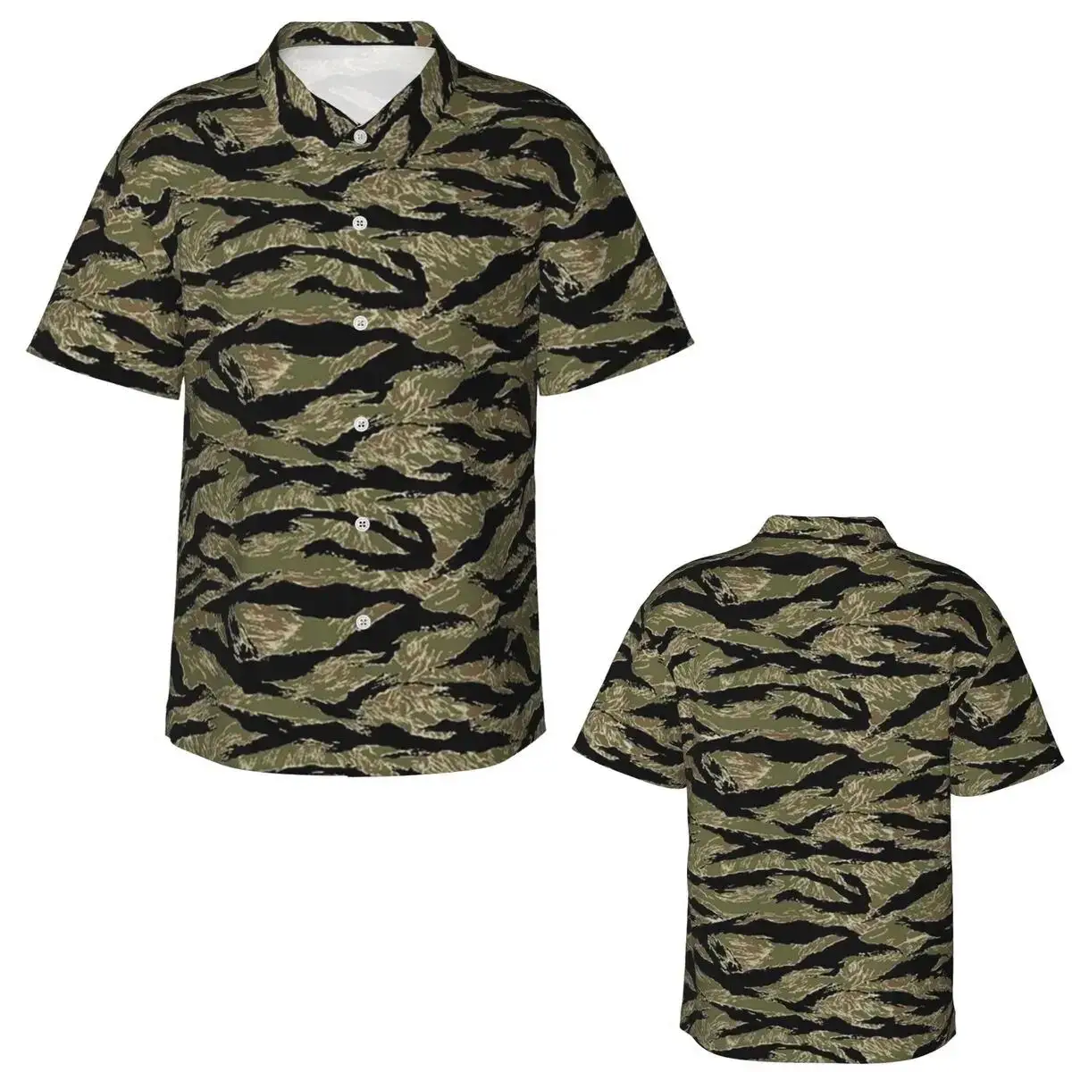 Men's Tiger Stripe Camo Print Short Sleeve Lapel Shirt Vintage Street Style Loose Summer Beach Casual Tops Mens Clothing