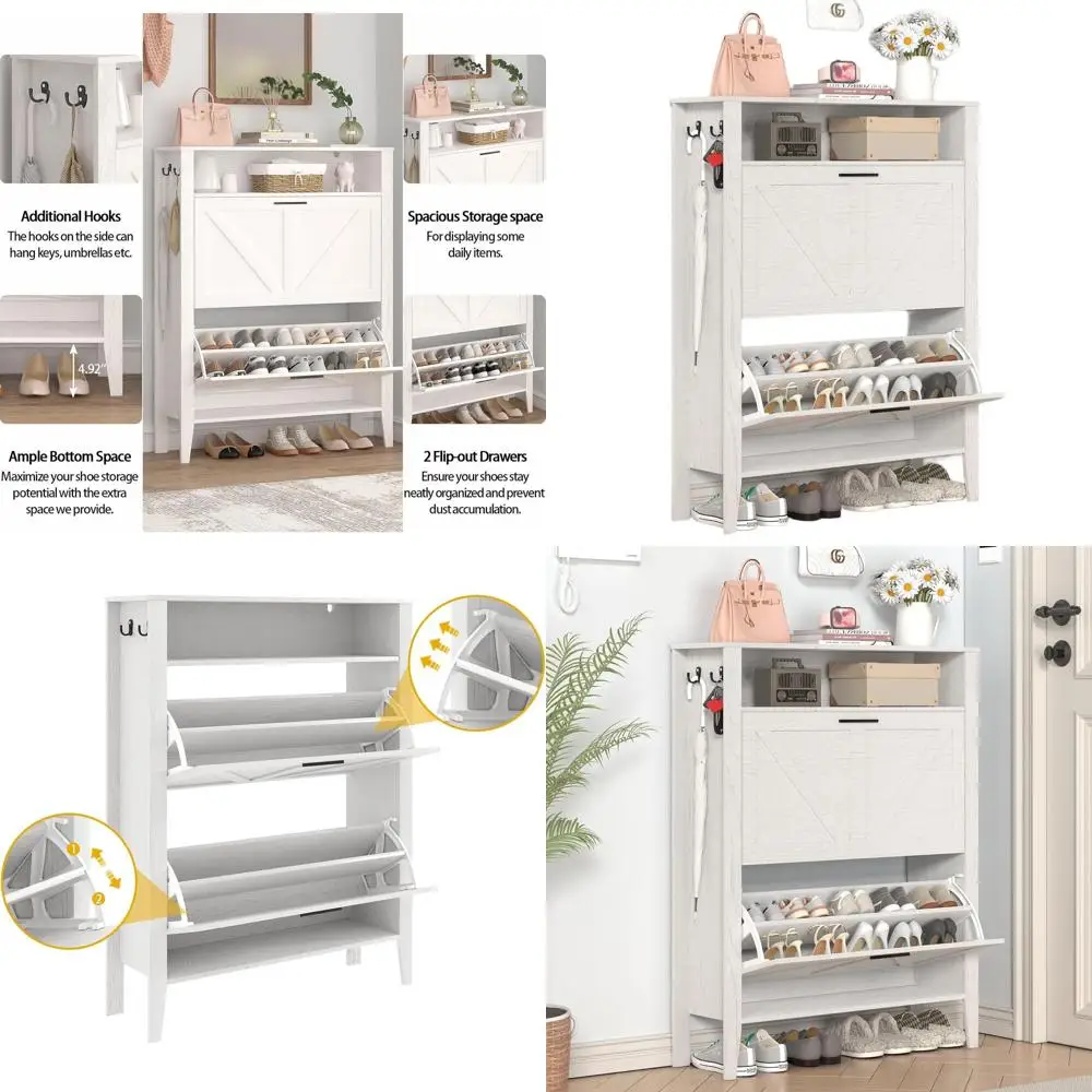 

Белый деревянный шкаф для обуви с двойными распашными дверцами и открытыми полками для прихожей или гардеробной