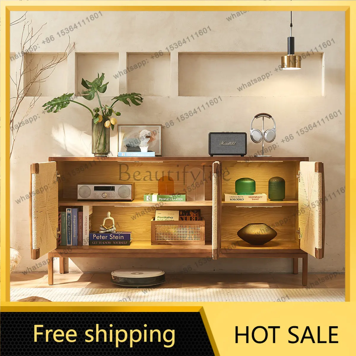 LD medieval wabi-sandy wind solid wood dining side cabinet simple braided rattan three-door entrance cabinet