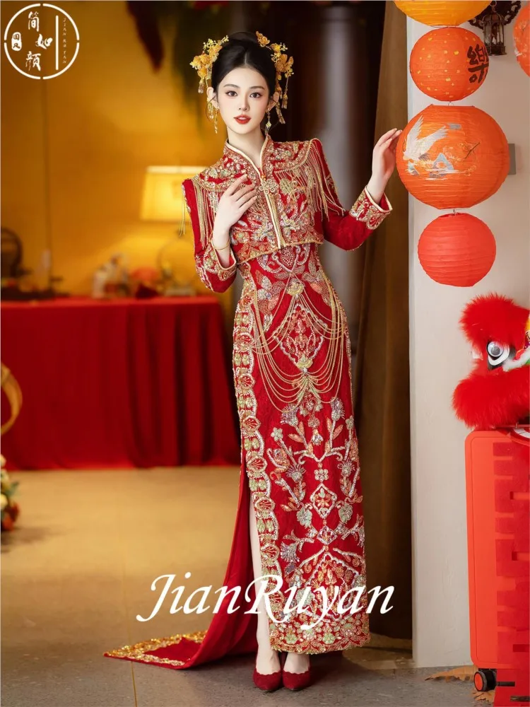 Heavy industry cheongsam new Chinese-style engagement dress set red wedding for the bride's and