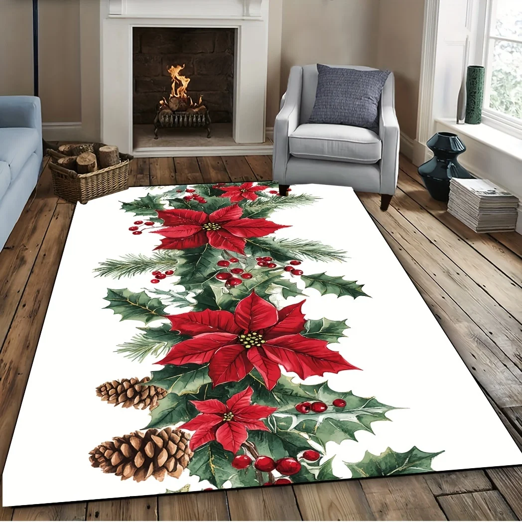 1.  2. VIKAMA Xmas Living Room Rug Poinsettia Flower Holly Leaf Pine Cone Holiday Pattern Anti‑Slip Washable Indoor Floor Mat