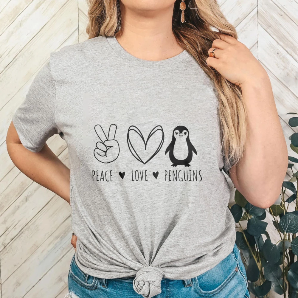 Peace Love Penguins Shirt Penguin Fan Gift Women Clothes Pattern Printed Casual Streetwear Ropa De Mujer Camisetas